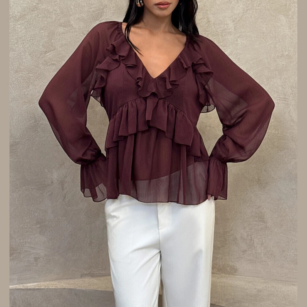 Burgundy Sheer Ruffled Tiered V Neck Long Sleeve Blouse